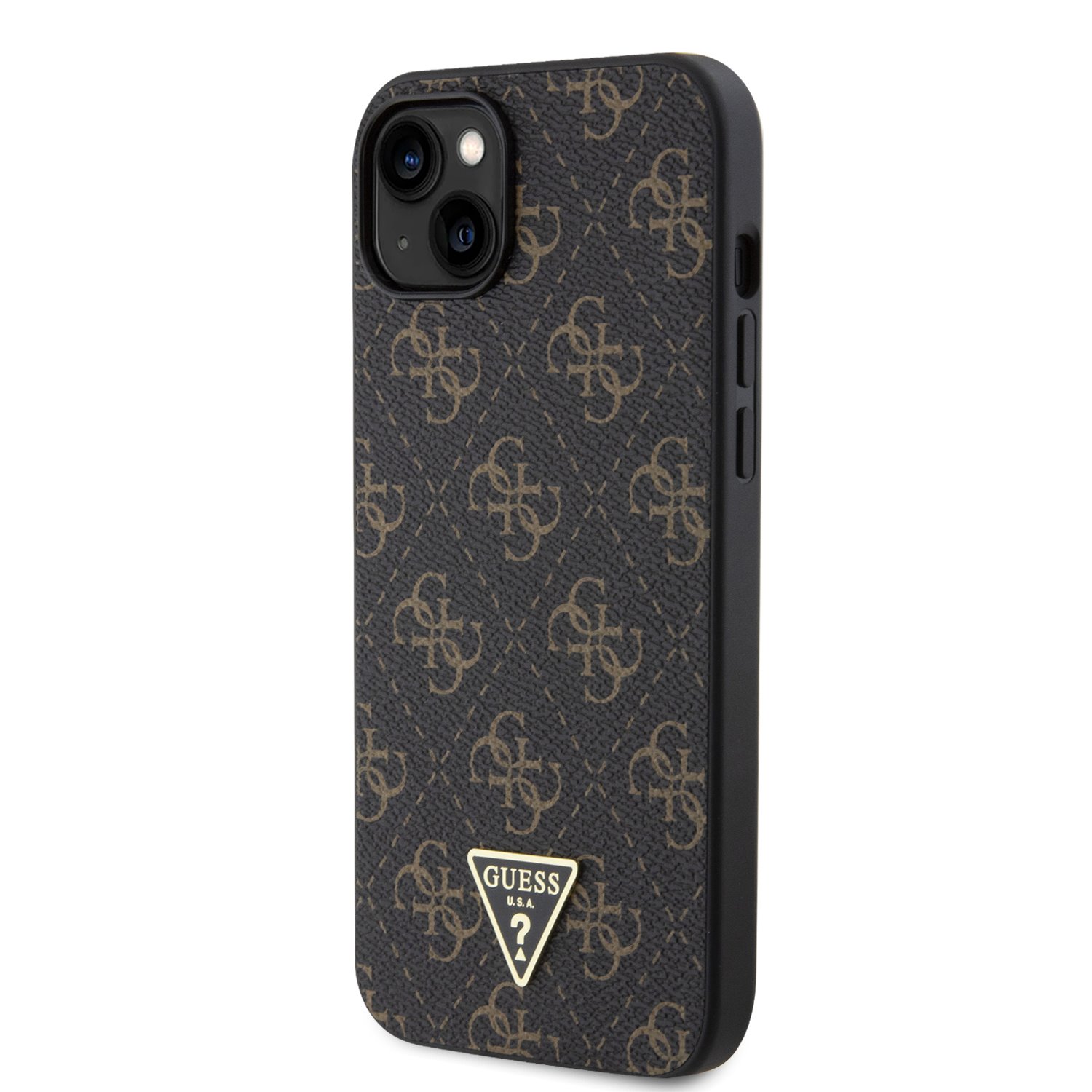 Guess PU 4G Triangle Metal Logo Zadní Kryt pro iPhone 15 Plus Black