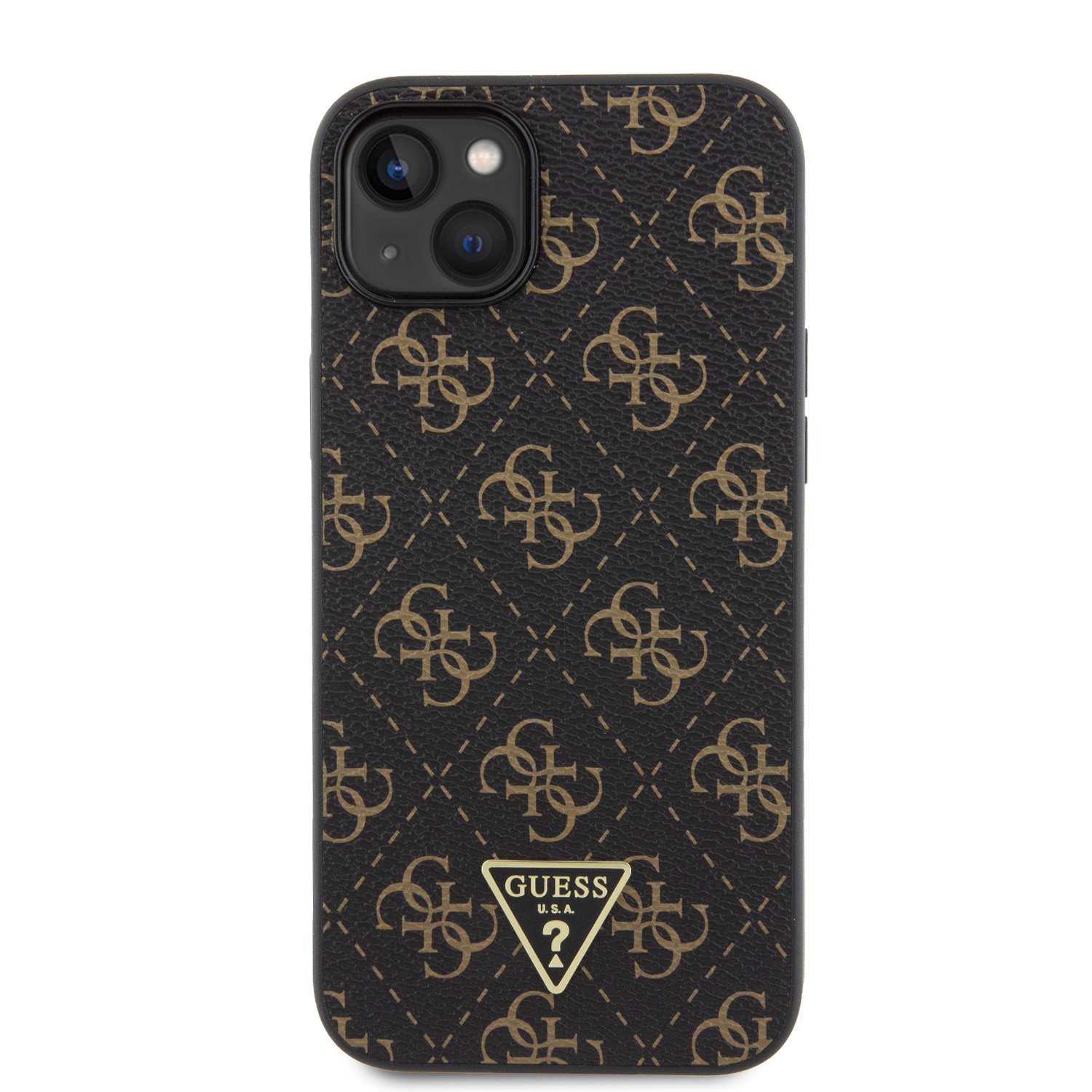 Guess PU 4G Triangle Metal Logo Zadní Kryt pro iPhone 15 Plus Black