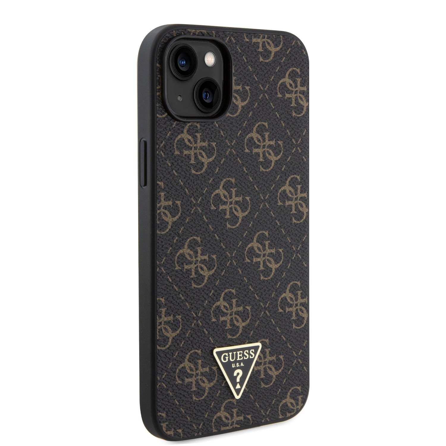 Guess PU 4G Triangle Metal Logo Zadní Kryt pro iPhone 15 Plus Black
