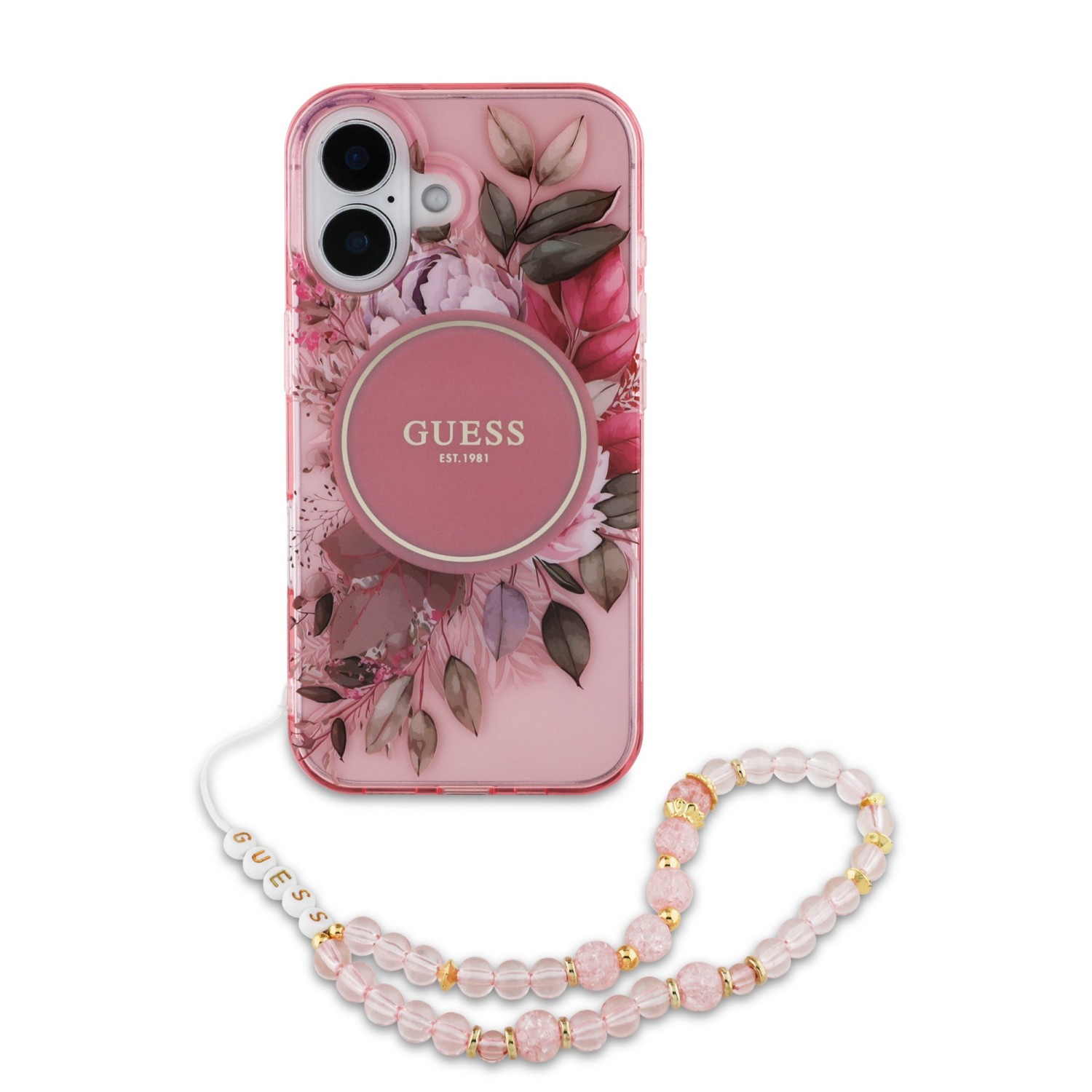 Guess IML Flowers Strap MagSafe Zadní Kryt pro iPhone 16 Plus Pink