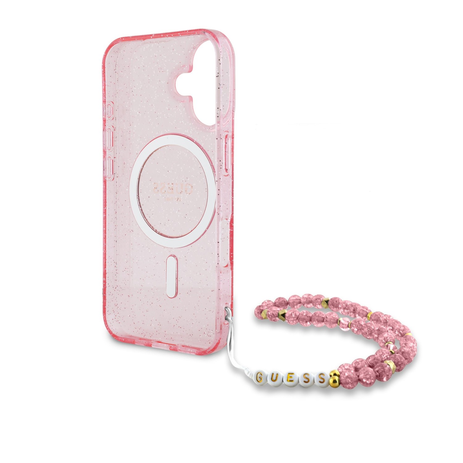 Guess IML Glitter Strap MagSafe Zadní Kryt pro iPhone 16 Plus Pink 