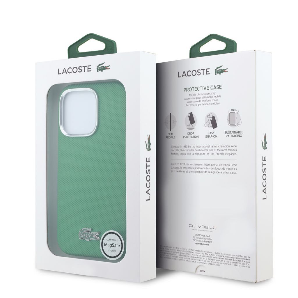 Lacoste PVC Iconic Petit Pique Metal Logo MagSafe Zadní Kryt pro iPhone 16 Pro Estragon Green
