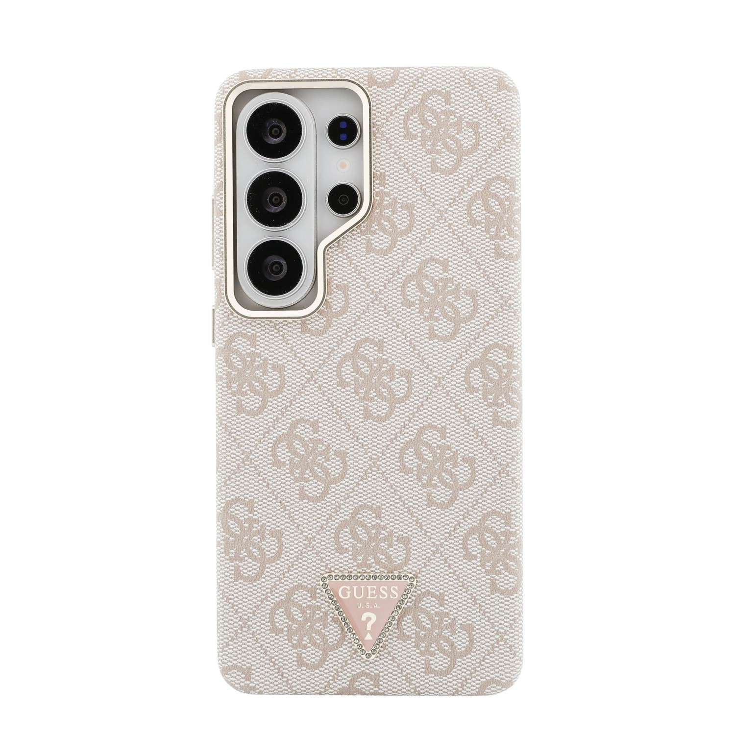 Guess PU Leather 4G Strass Triangle Logo Gold Frame Magnetic Zadní Kryt pro Samsung Galaxy S26 Ultra Pink