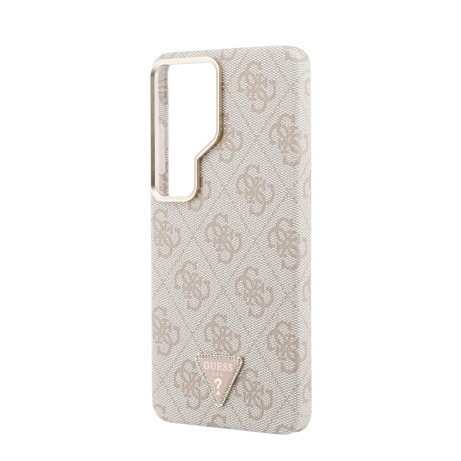 Guess PU Leather 4G Strass Triangle Logo Gold Frame Magnetic Zadní Kryt pro Samsung Galaxy S26 Ultra Pink