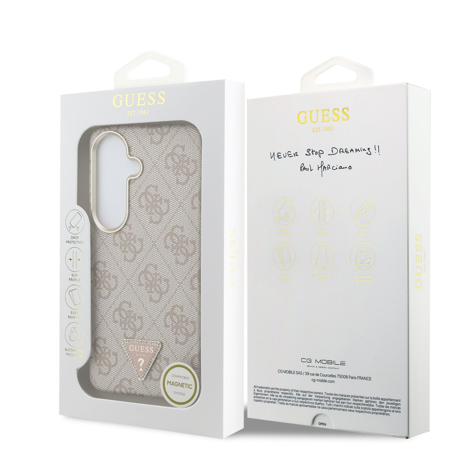 Guess PU Leather 4G Strass Triangle Logo Gold Frame Magnetic Zadní Kryt pro Samsung Galaxy S26 Pink