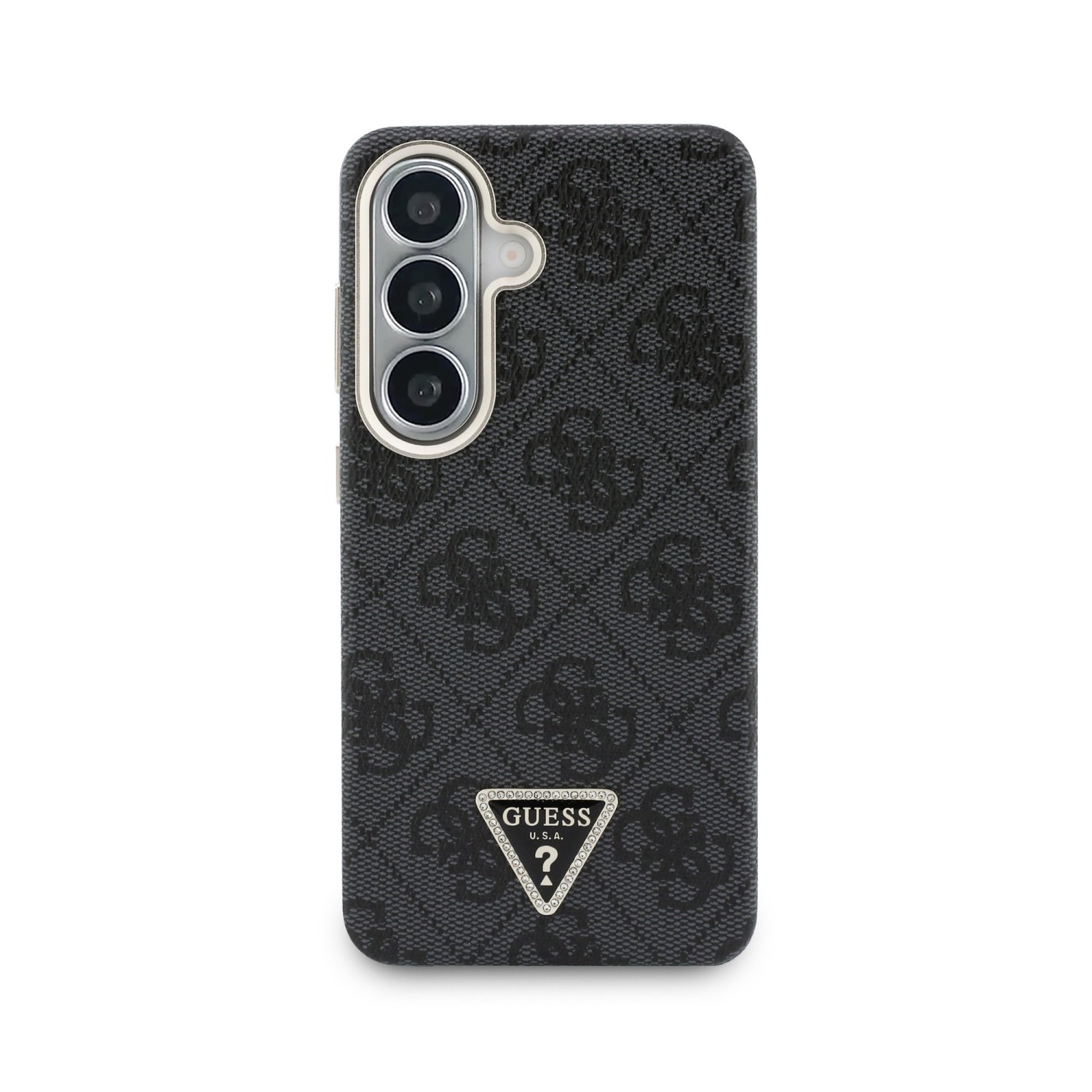 Guess PU Leather 4G Strass Triangle Logo Gold Frame Magnetic Zadní Kryt pro Samsung Galaxy S26 Black