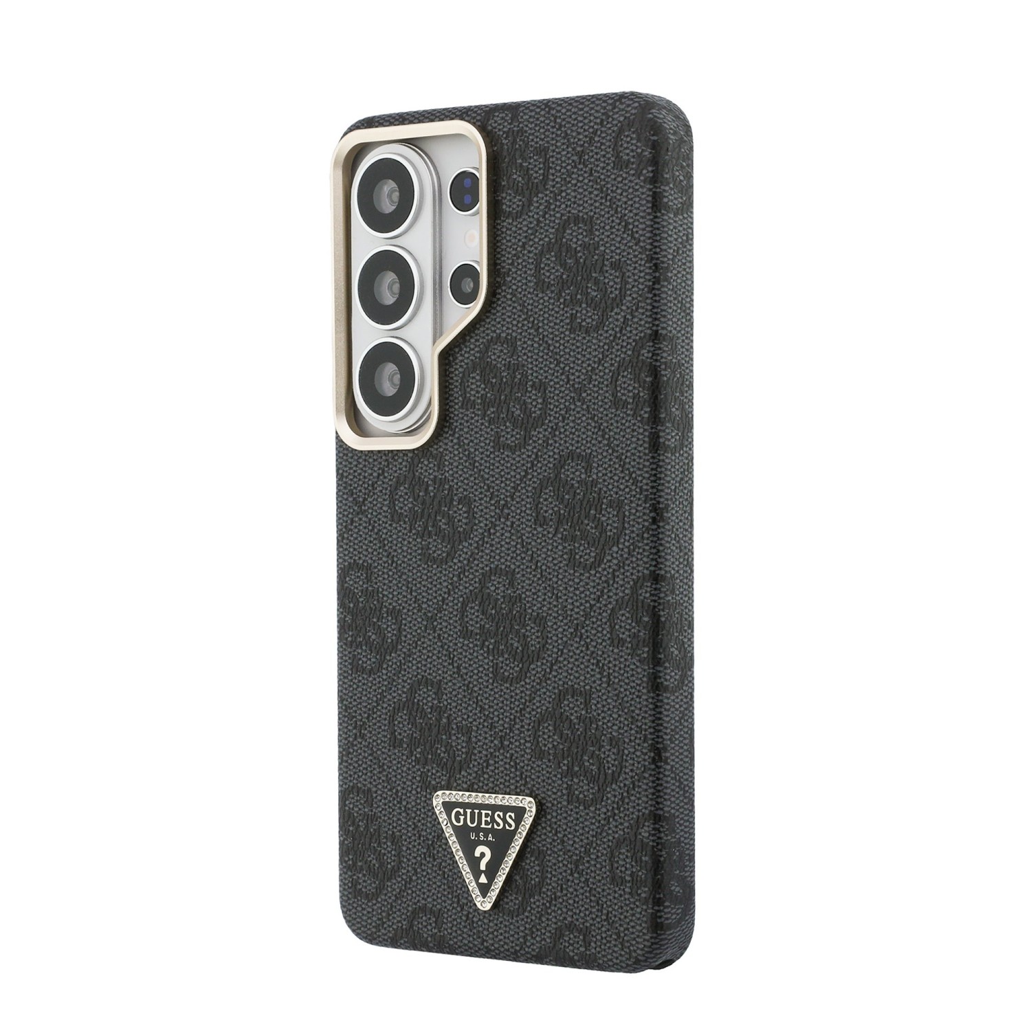 Guess PU Leather 4G Strass Triangle Logo Gold Frame Magnetic Zadní Kryt pro Samsung Galaxy S26 Ultra Black