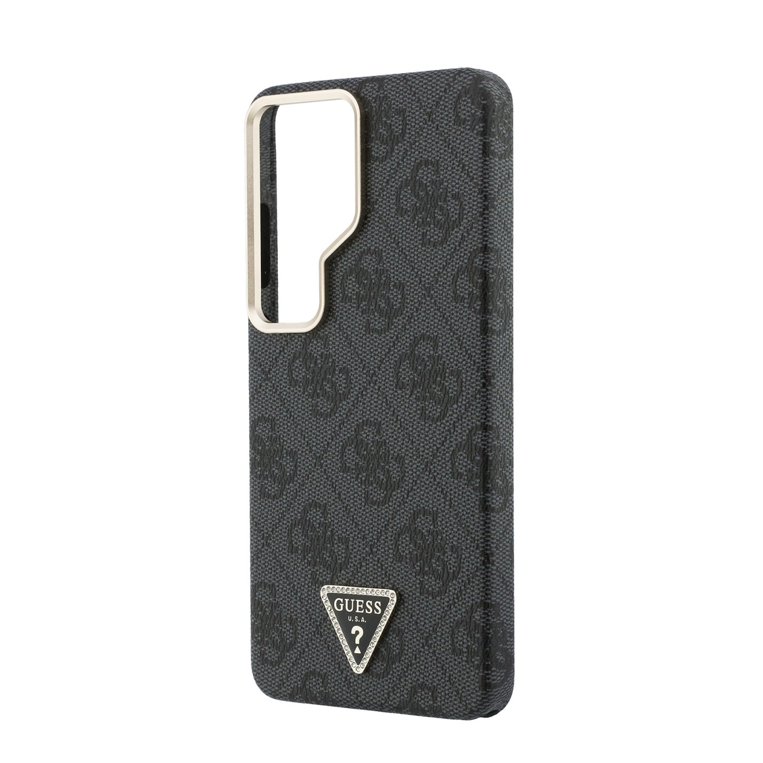 Guess PU Leather 4G Strass Triangle Logo Gold Frame Magnetic Zadní Kryt pro Samsung Galaxy S26 Ultra Black
