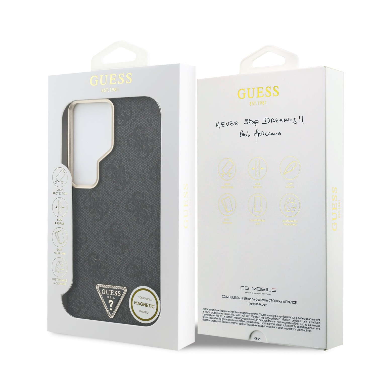 Guess PU Leather 4G Strass Triangle Logo Gold Frame Magnetic Zadní Kryt pro Samsung Galaxy S26 Ultra Black