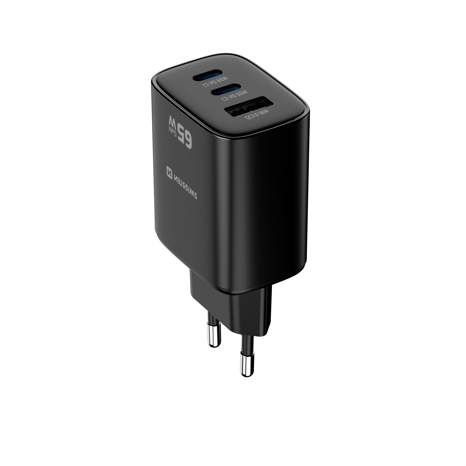 Swissten Síťový Adaptér Edge GaN 2x USB-C PD 65W + 1x USB-A 18W QC černá
