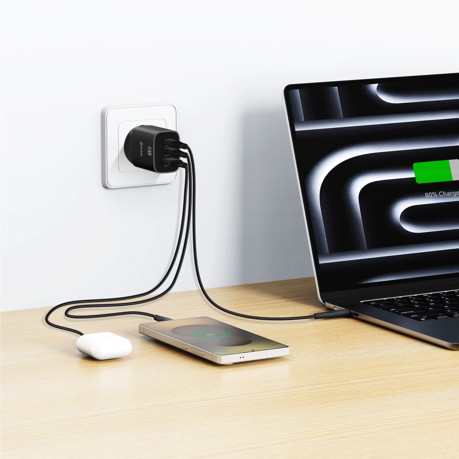 Swissten Síťový Adaptér Edge GaN 2x USB-C PD 65W + 1x USB-A 18W QC černá