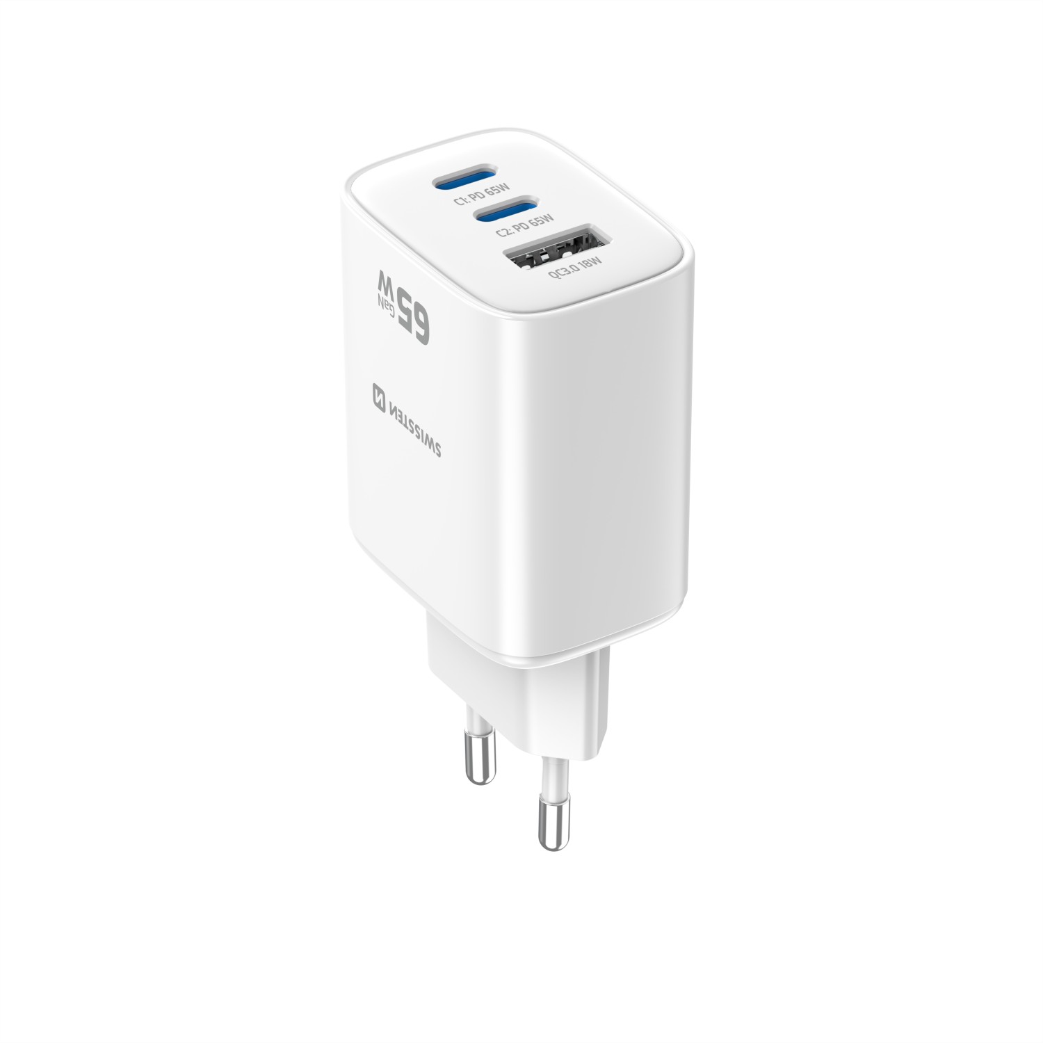 Swissten Síťový Adaptér Edge GaN 2x USB-C PD 65W + 1x USB-A 18W QC bílá