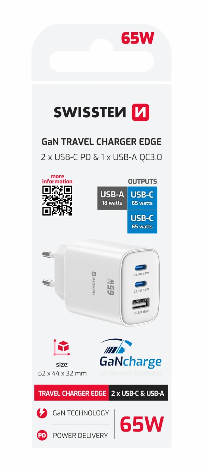 Swissten Síťový Adaptér Edge GaN 2x USB-C PD 65W + 1x USB-A 18W QC bílá