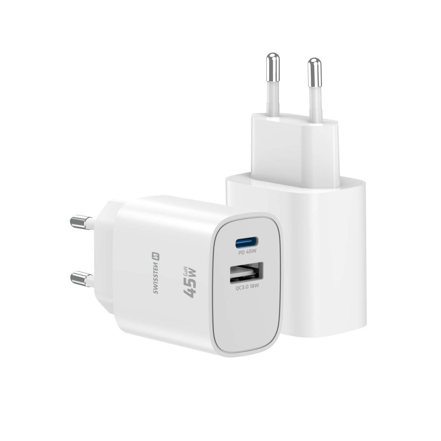 Swissten Síťový Adaptér Edge GaN 1x USB-C PD 45W + 1x USB-A 18W QC bílá