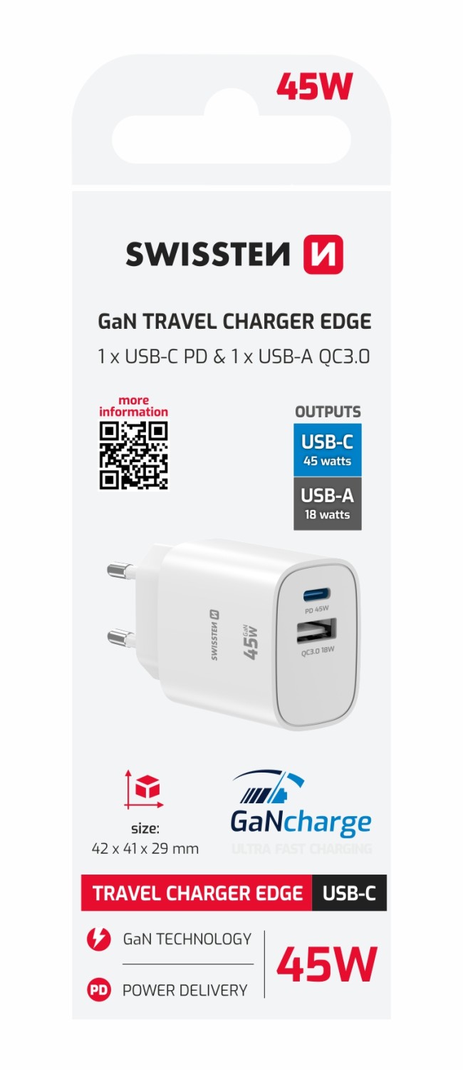 Swissten Síťový Adaptér Edge GaN 1x USB-C PD 45W + 1x USB-A 18W QC bílá