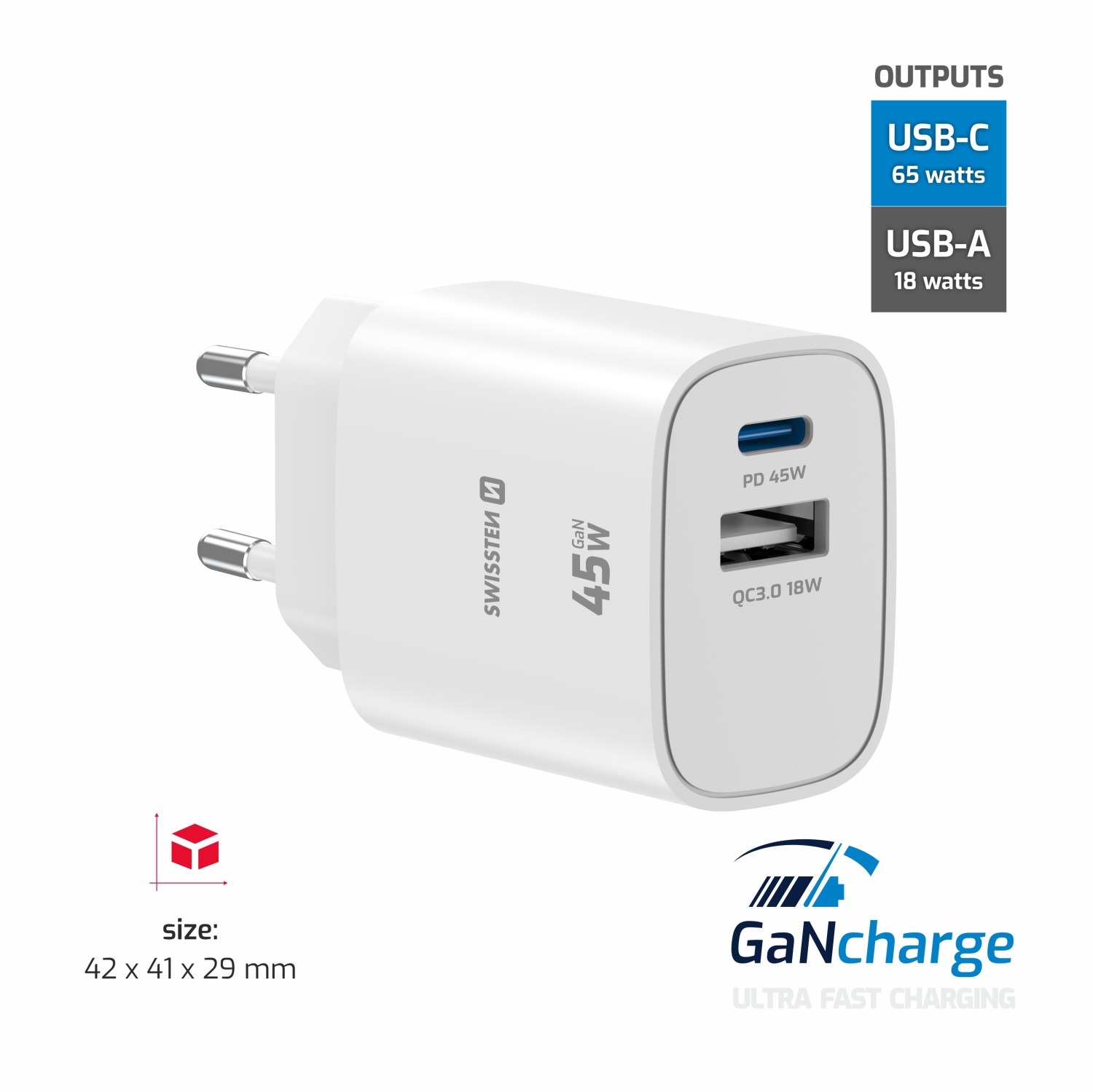 Swissten Síťový Adaptér Edge GaN 1x USB-C PD 45W + 1x USB-A 18W QC bílá