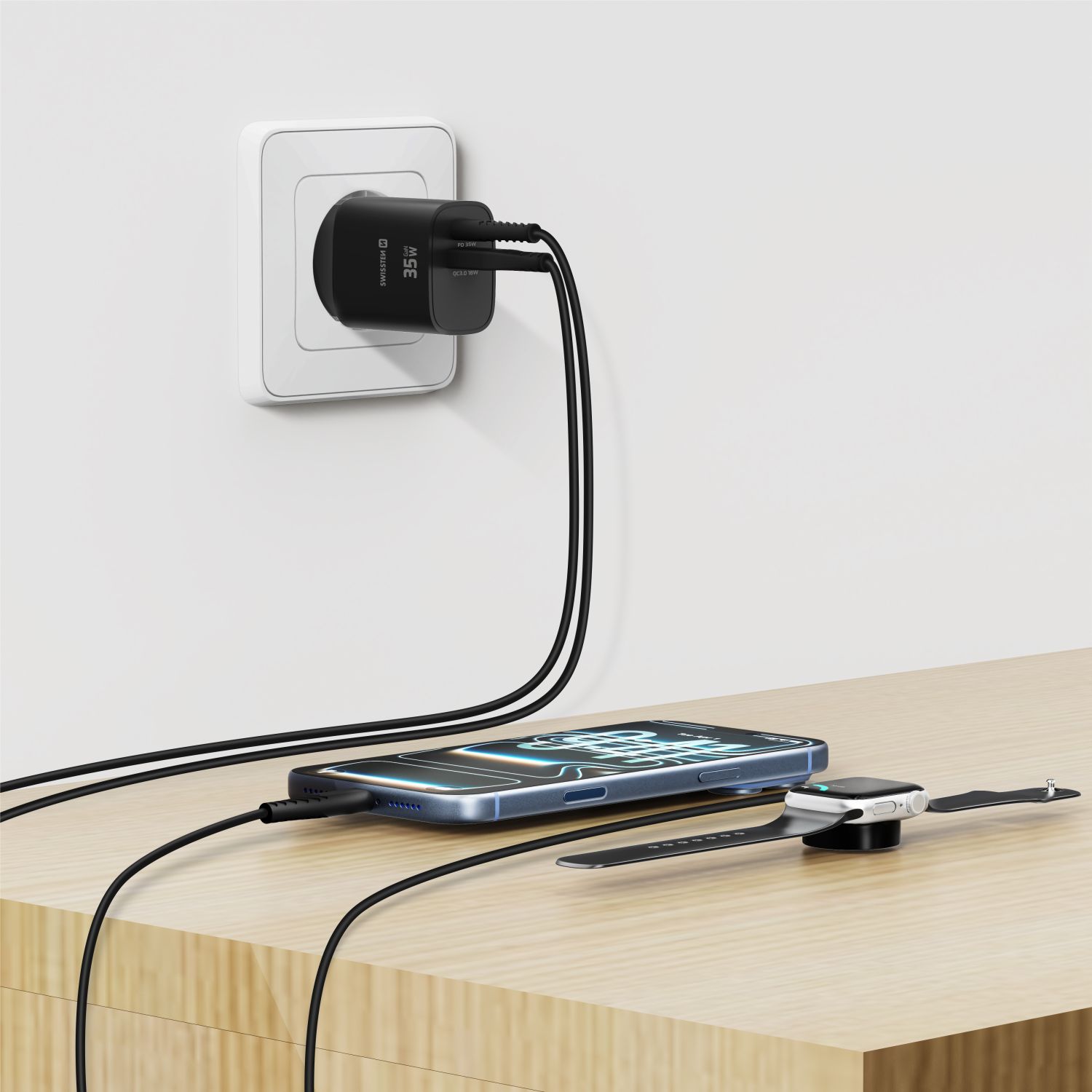 Swissten Síťový Adaptér Edge GaN 1x USB-C PD 35W + 1x USB-A 18W QC černá