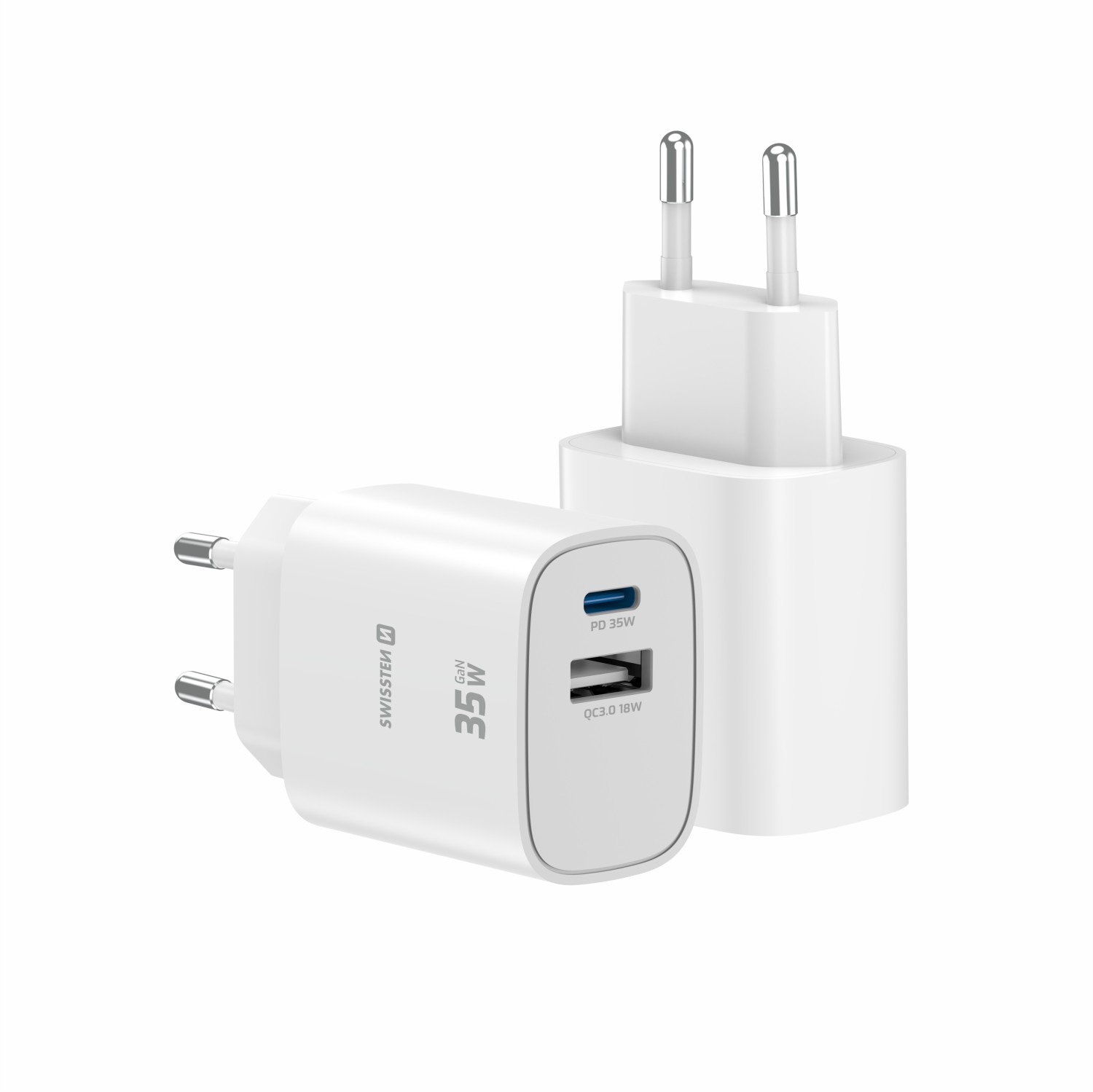 Swissten Síťový Adaptér Edge GaN 1x USB-C PD 35W + 1x USB-A 18W QC bílá