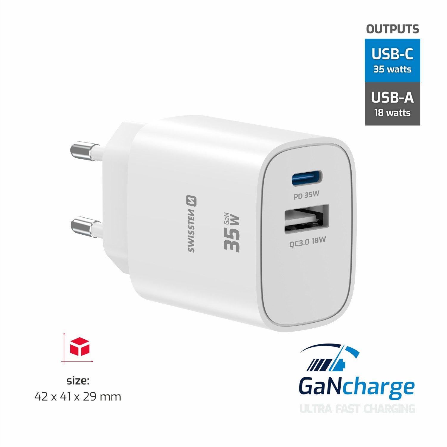 Swissten Síťový Adaptér Edge GaN 1x USB-C PD 35W + 1x USB-A 18W QC bílá