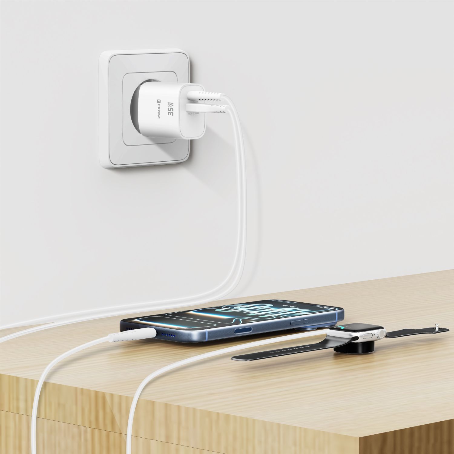 Swissten Síťový Adaptér Edge GaN 1x USB-C PD 35W + 1x USB-A 18W QC bílá