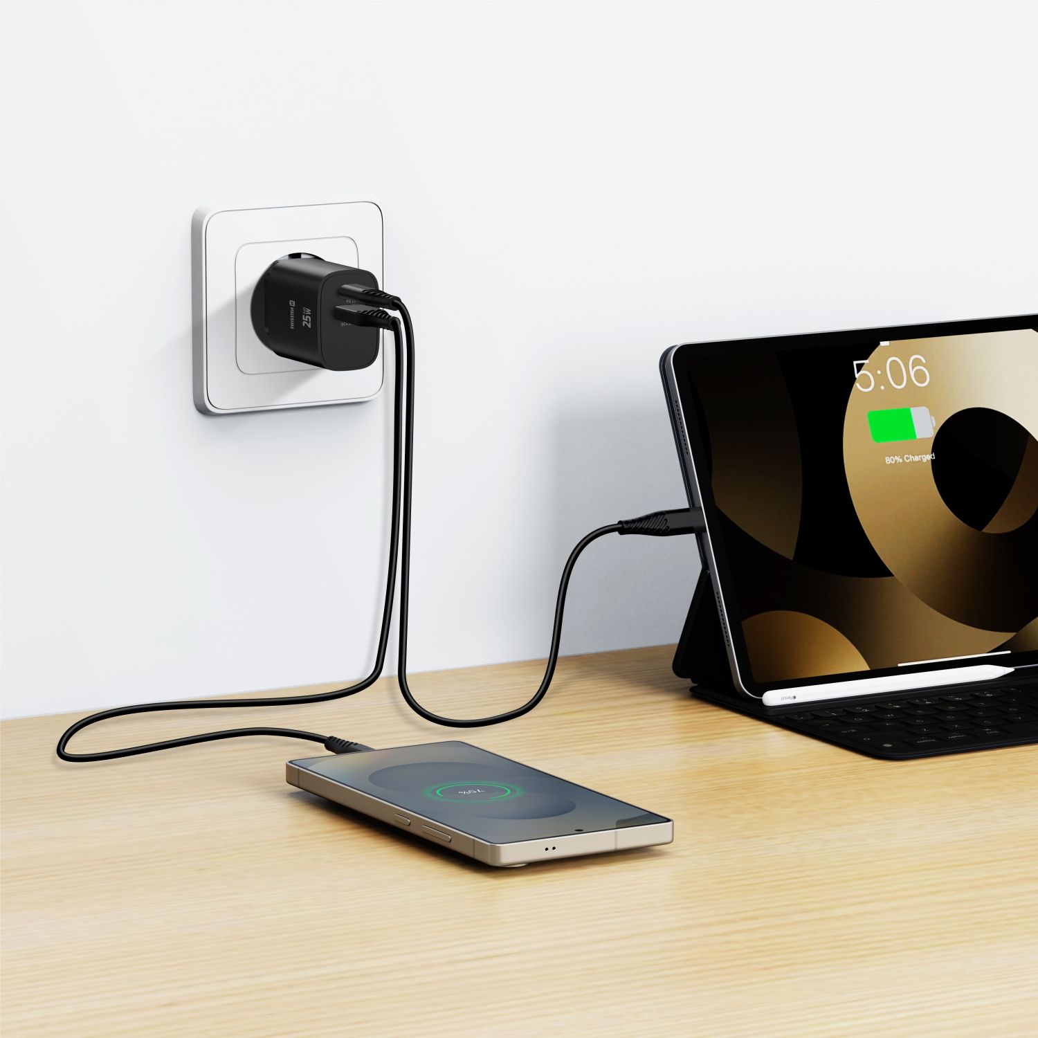 Swissten Síťový Adaptér Edge GaN 1x USB-C PD 25W + 1x USB-A 18W QC černá