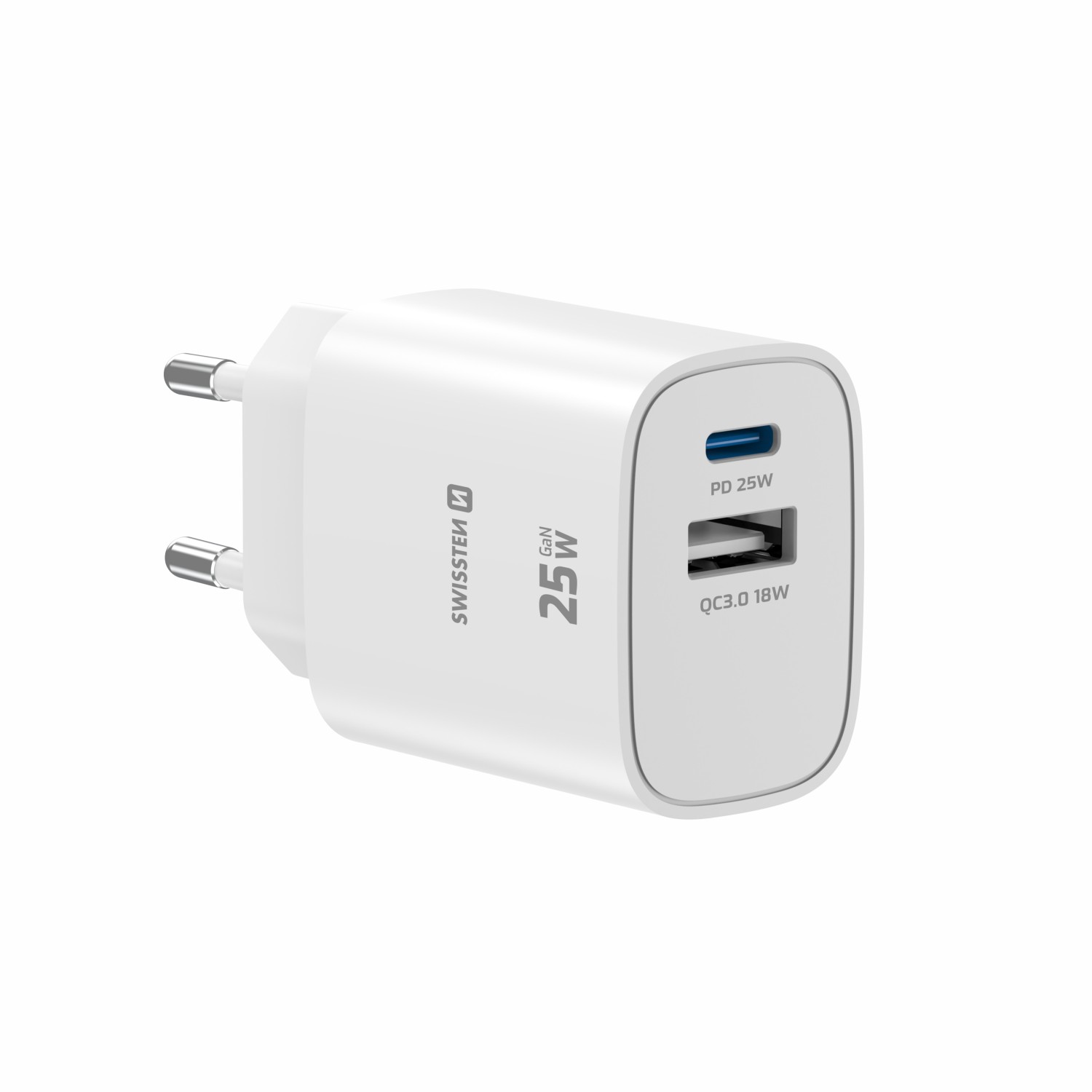 Swissten Síťový Adaptér Edge GaN 1x USB-C PD 25W + 1x USB-A 18W QC bílá