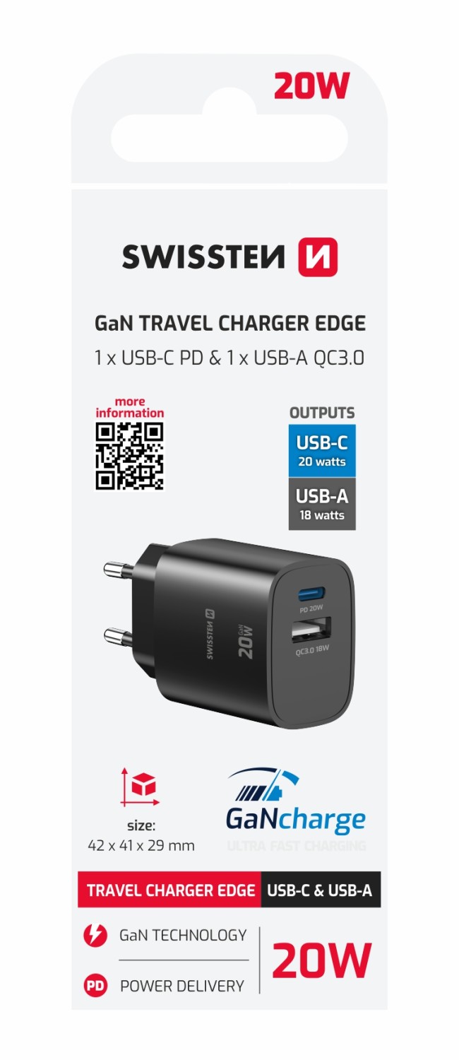 Swissten Síťový Adaptér Edge GaN 1x USB-C PD 20W + 1x USB-A 18W QC černá