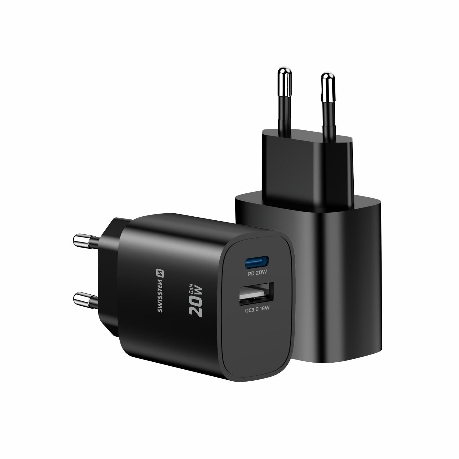 Swissten Síťový Adaptér Edge GaN 1x USB-C PD 20W + 1x USB-A 18W QC černá