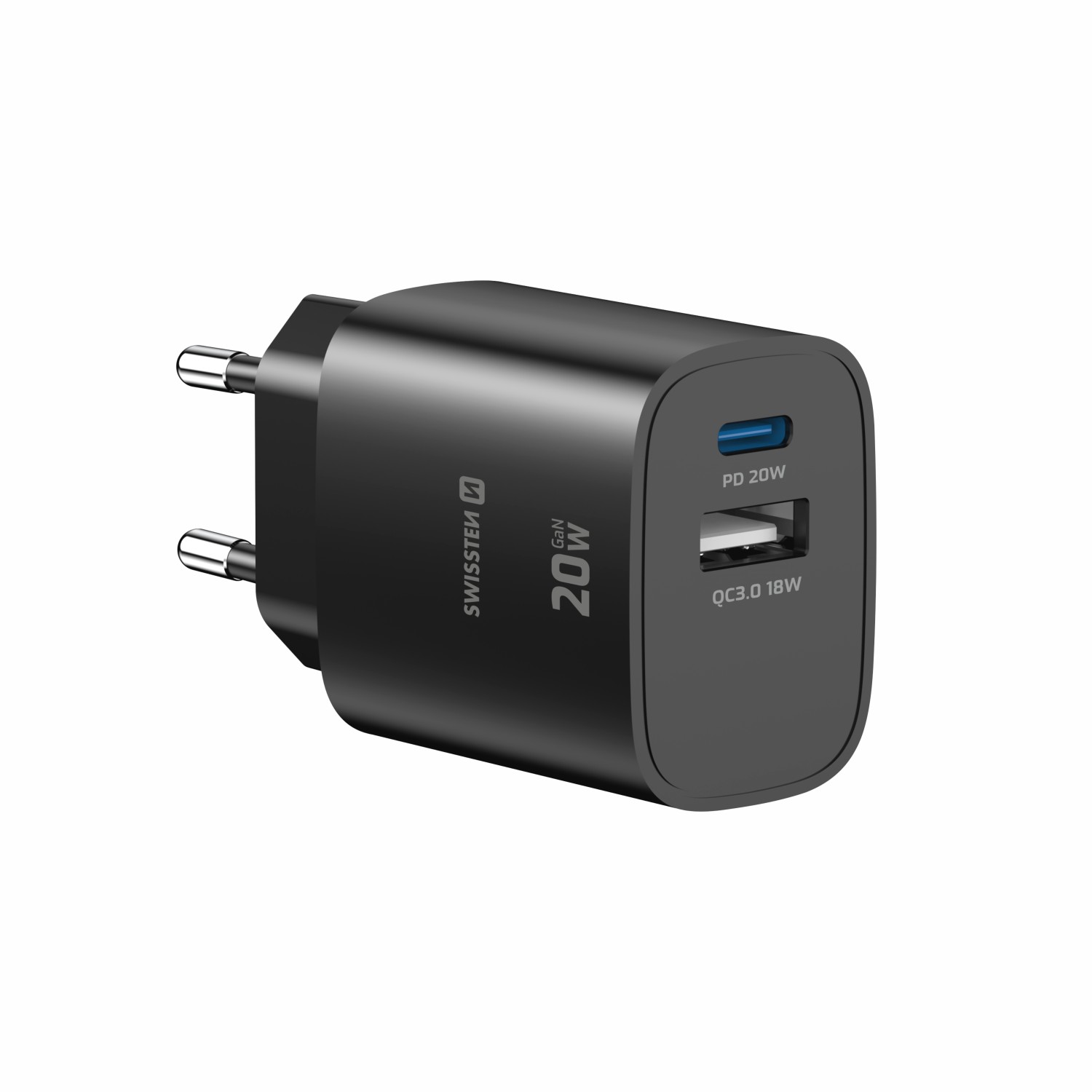 Swissten Síťový Adaptér Edge GaN 1x USB-C PD 20W + 1x USB-A 18W QC černá