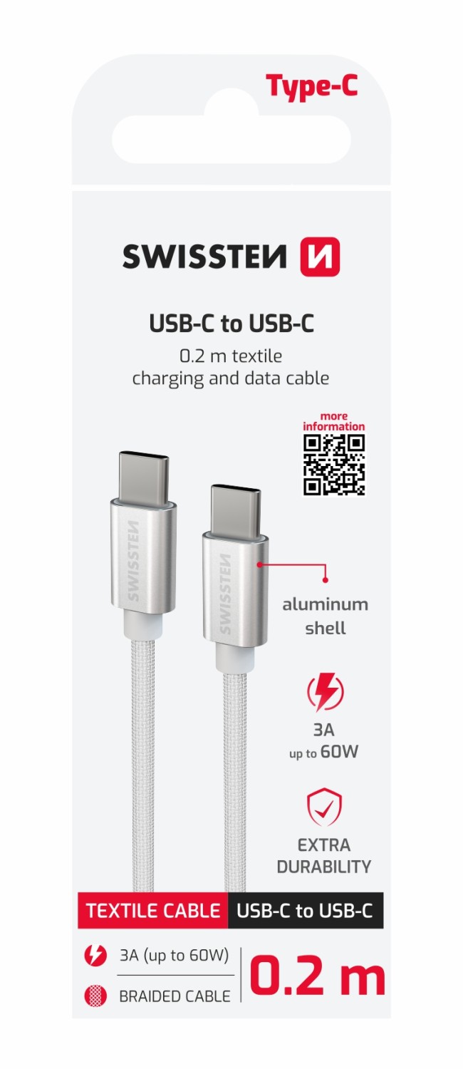 Datový Kabel Swissten Textile USB-C / USB-C 0.2 M stříbrná
