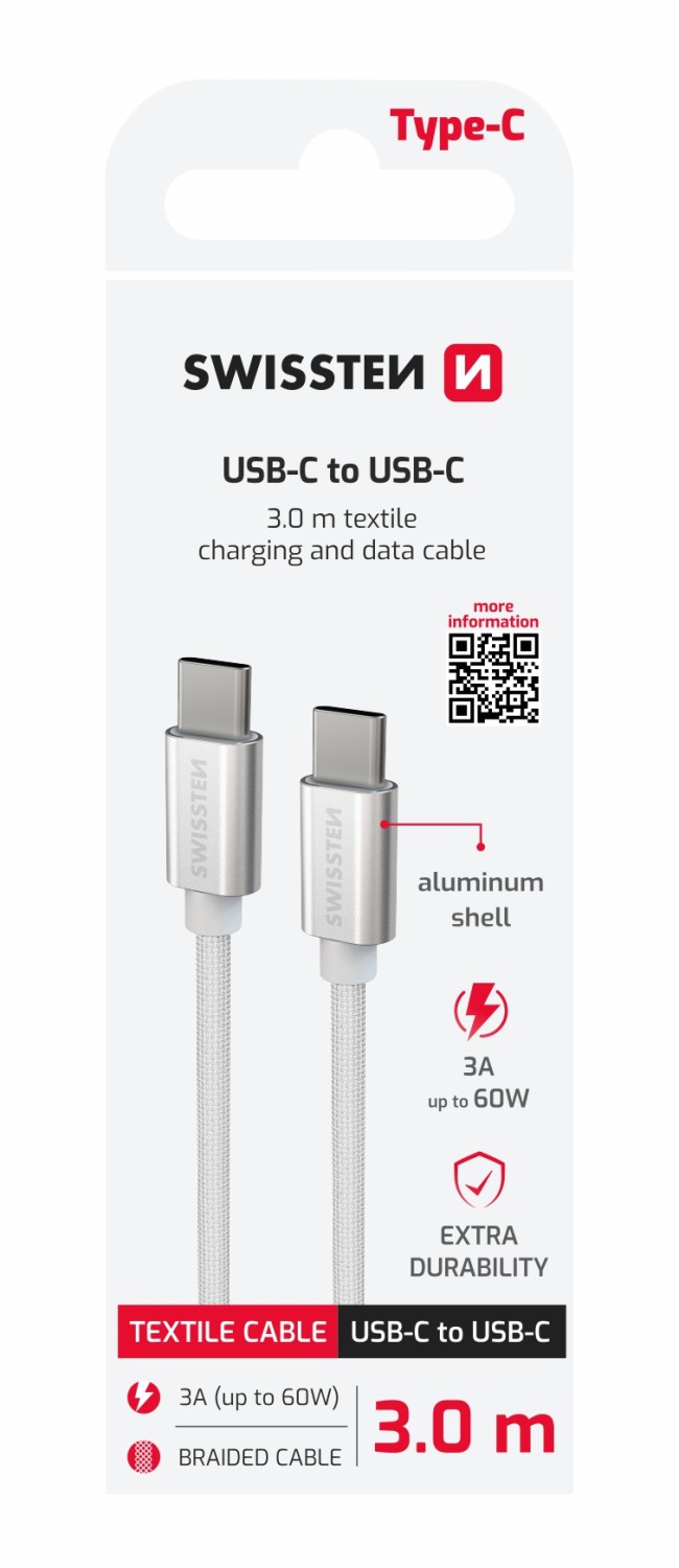 Datový Kabel Swissten Textile USB-C / USB-C 3.0 M stříbrná