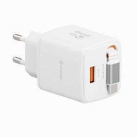 Swissten Adaptér SlideCHARGE GaN 45W, 1x USB-A 18W so zaťahovacím USB-C káblom 0.75 M biela