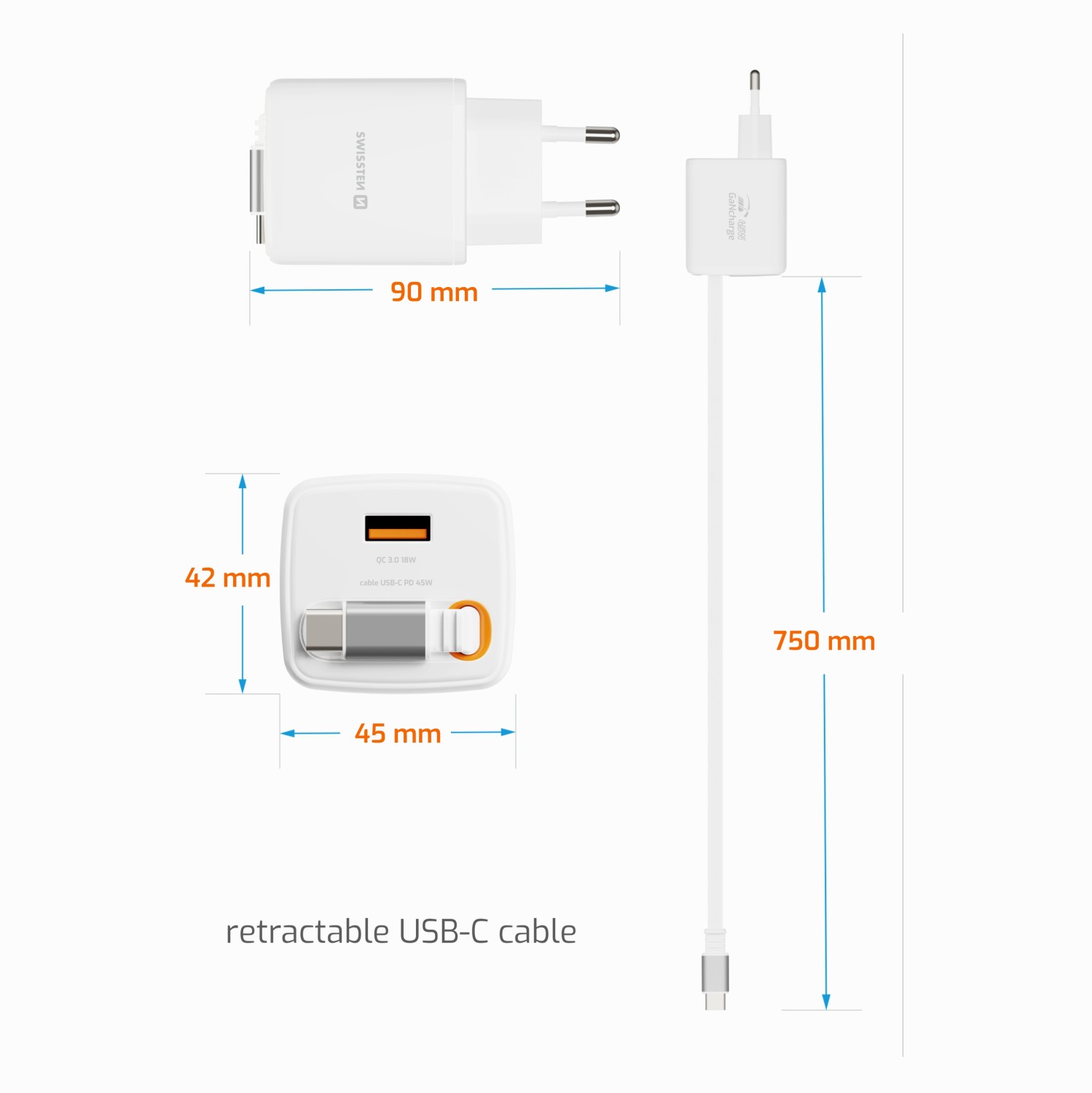 Swissten Adaptér SlideCHARGE GaN 45W, 1x USB-A 18W se zatahovacím USB-C kabelem 0.75 M bílá