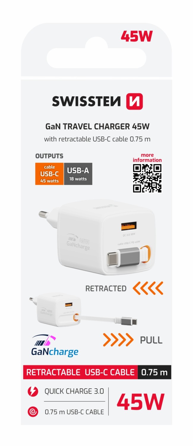 Swissten Adaptér SlideCHARGE GaN 45W, 1x USB-A 18W se zatahovacím USB-C kabelem 0.75 M bílá