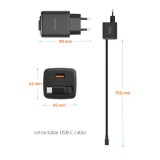 Swissten Adaptér SlideCHARGE GaN 45W, 1x USB-A 18W se zatahovacím USB-C kabelem 0.75 M černá