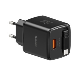 Swissten Adaptér SlideCHARGE GaN 45W, 1x USB-A 18W so zaťahovacím USB-C káblom 0.75 M čierna