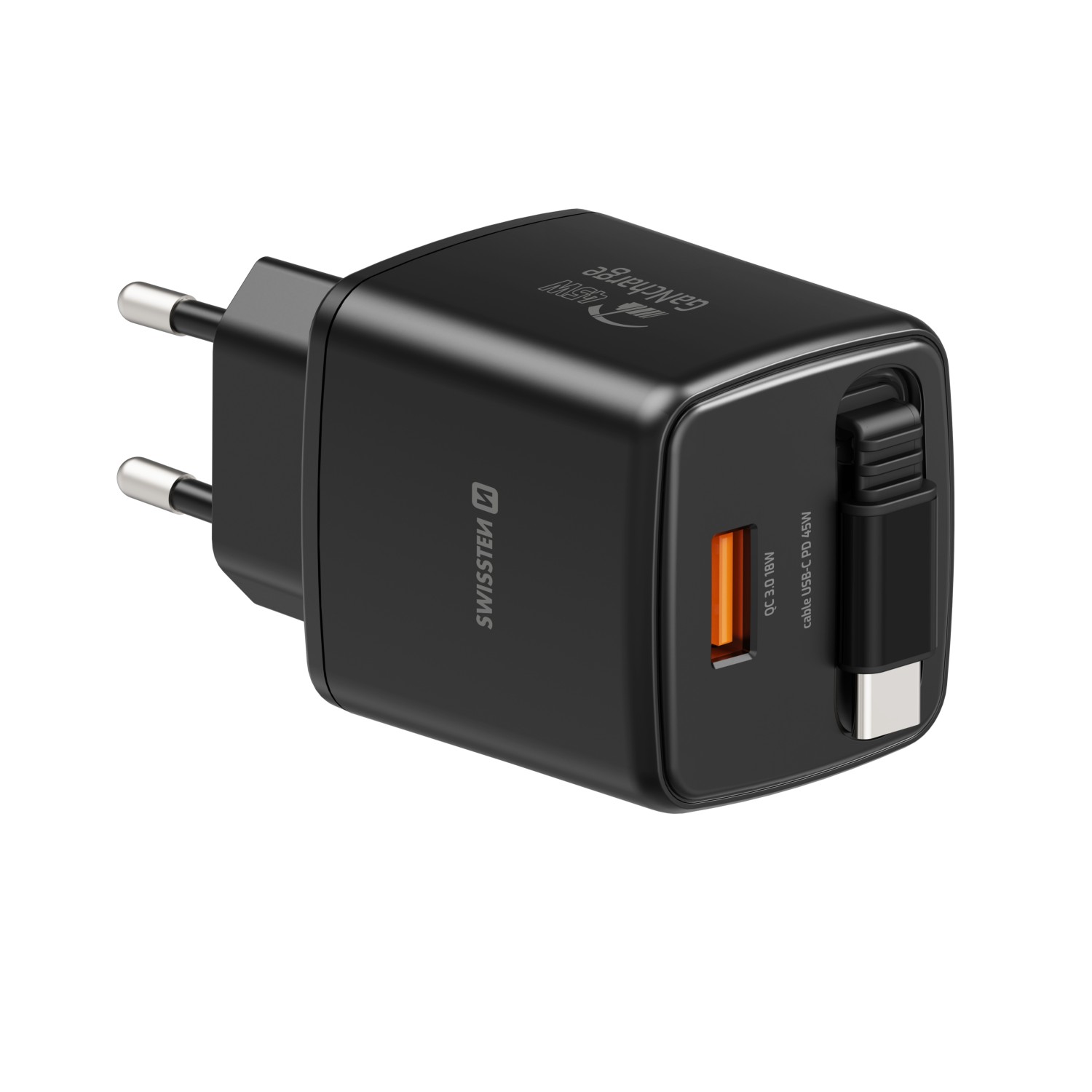 Swissten Adaptér SlideCHARGE GaN 45W, 1x USB-A 18W se zatahovacím USB-C kabelem 0.75 M černá