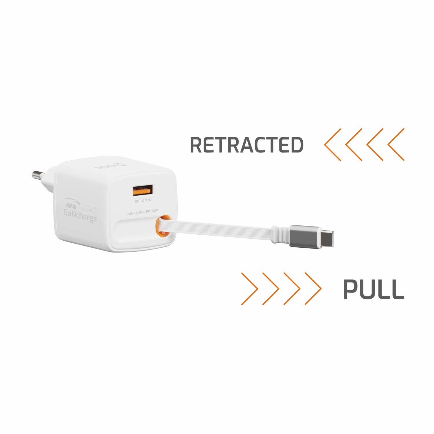 Swissten Adaptér SlideCHARGE GaN 30W, 1x USB-A 18W se zatahovacím USB-C kabelem 0.75 M bílá