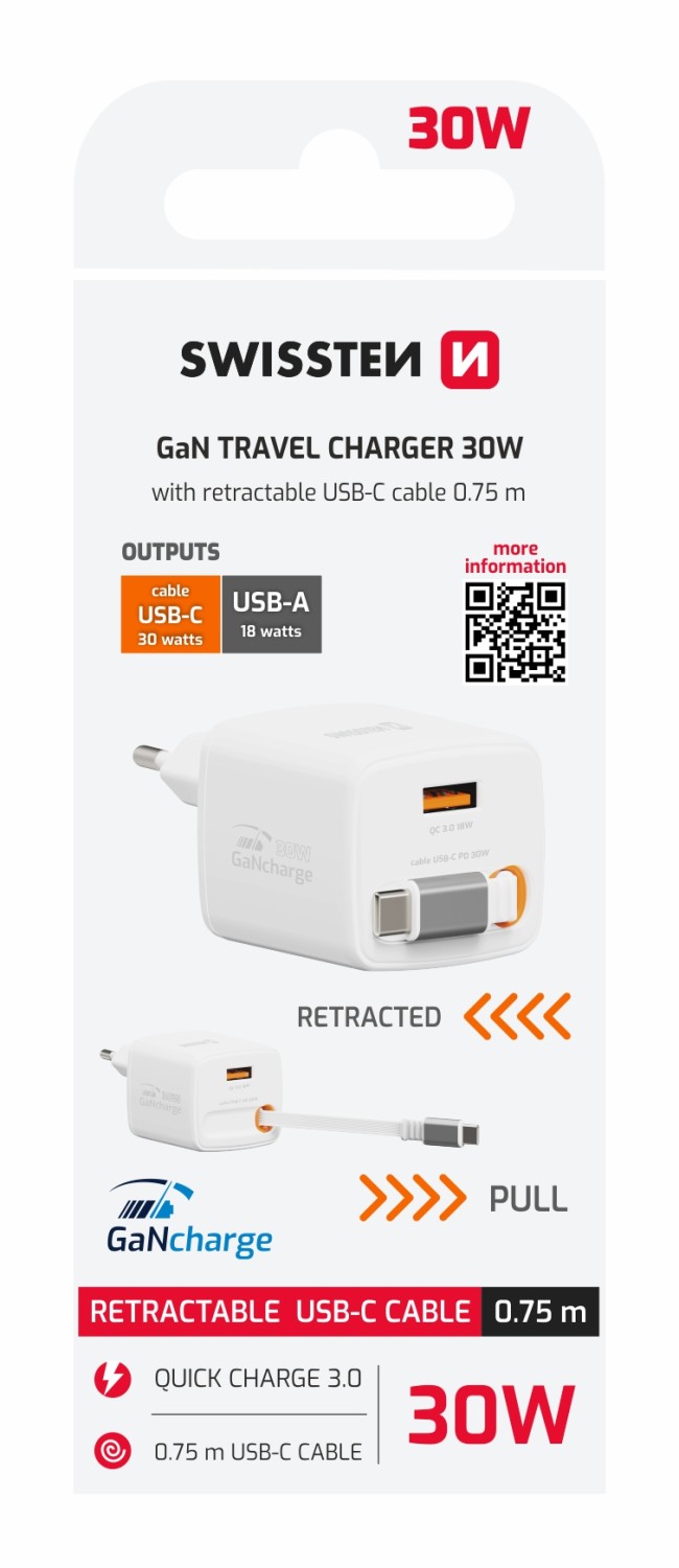 Swissten Adaptér SlideCHARGE GaN 30W, 1x USB-A 18W se zatahovacím USB-C kabelem 0.75 M bílá