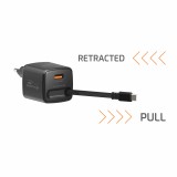 Swissten Adaptér SlideCHARGE GaN 30W, 1x USB-A 18W se zatahovacím USB-C kabelem 0.75 M černá