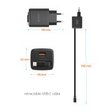 Swissten Adaptér SlideCHARGE GaN 30W, 1x USB-A 18W se zatahovacím USB-C kabelem 0.75 M černá
