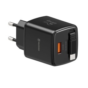 Swissten Adaptér SlideCHARGE GaN 30W, 1x USB-A 18W so zaťahovacím USB-C káblom 0.75 M čierna