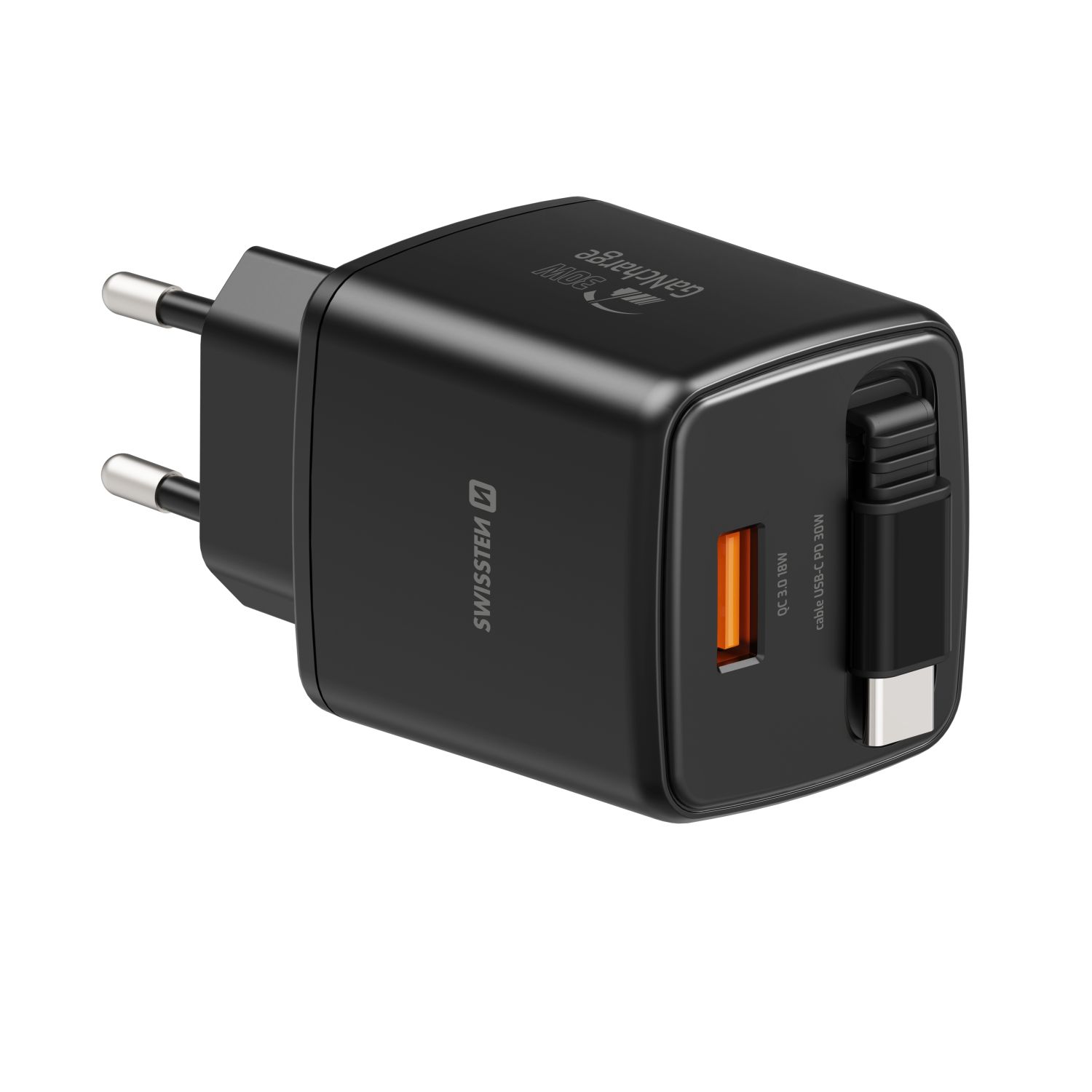 Swissten Adaptér SlideCHARGE GaN 30W, 1x USB-A 18W se zatahovacím USB-C kabelem 0.75 M černá
