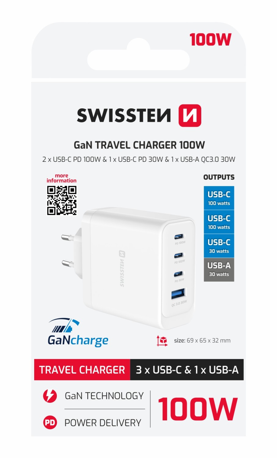 Swissten Adaptér GaN 2x USB-C + 1x USB-C PD 20W + 1x USB-A QC 30W bílá