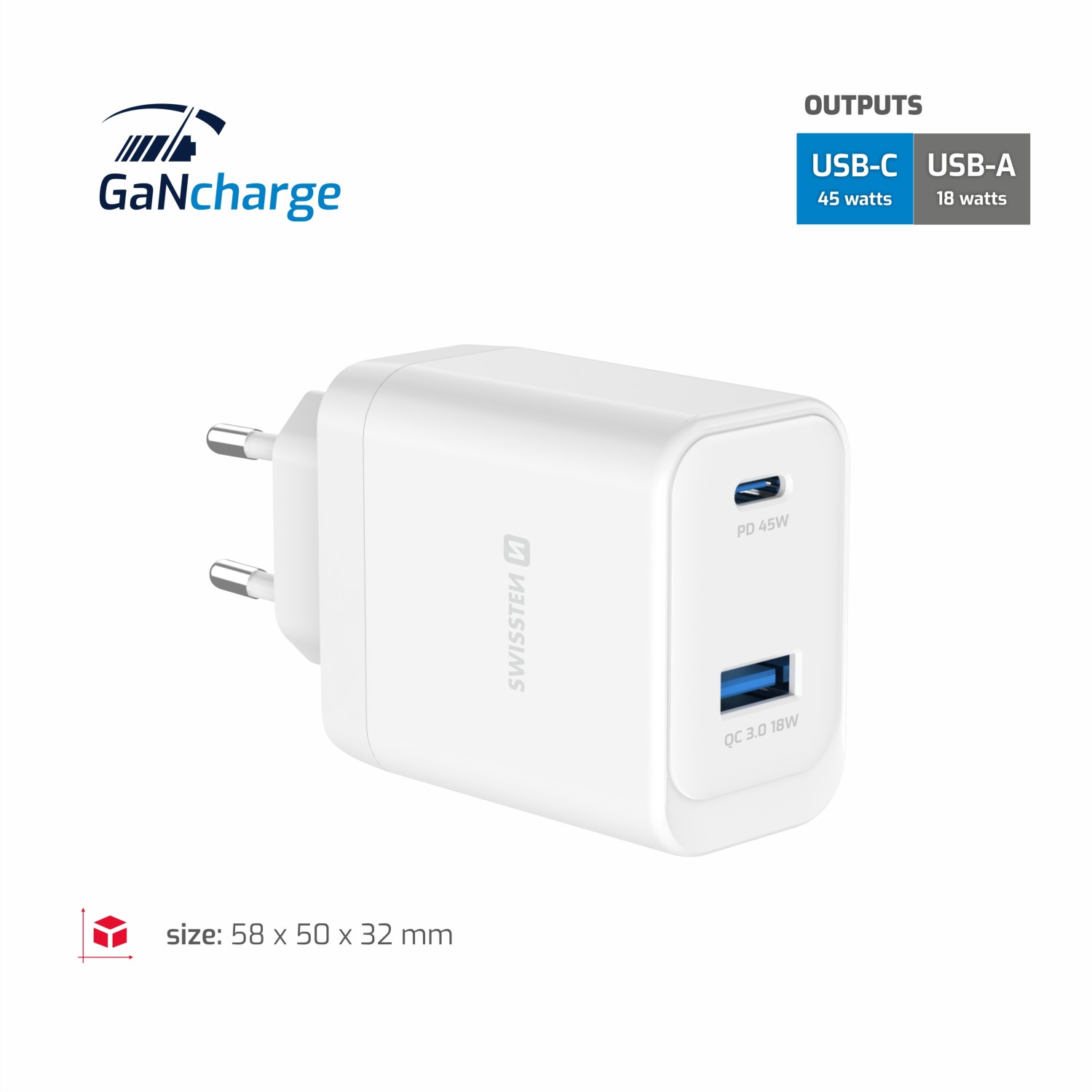 Swissten Síťový Adaptér GaN 1x USB-C 45W PD + 1x USB-A 18W QC bílá