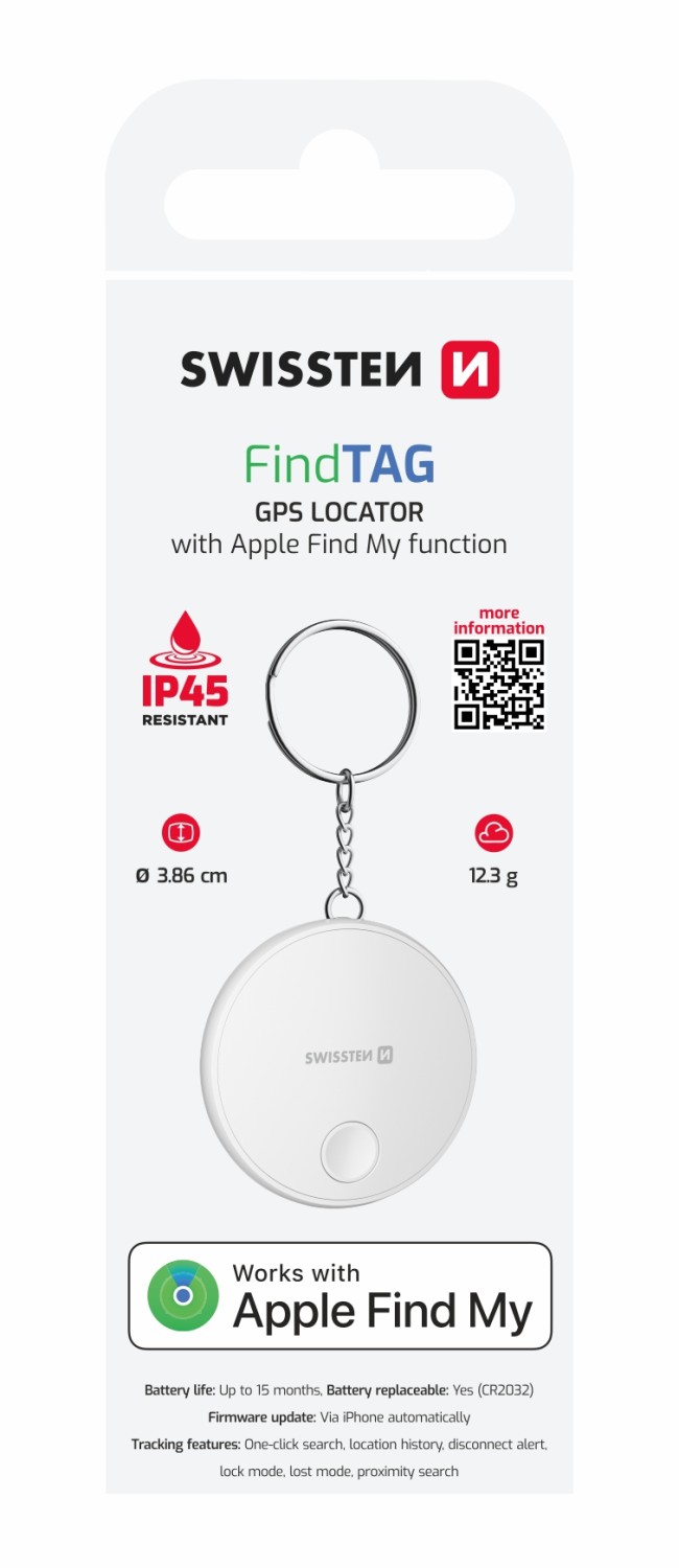 Swissten Find Tag chytrý lokátor s funkcí Apple Find My bílá