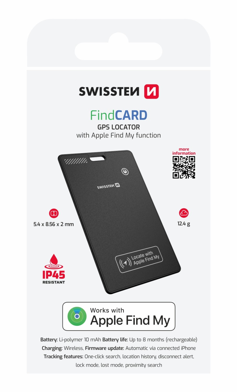 Swissten Find Card chytrý lokátor s funkcí Apple Find My černá