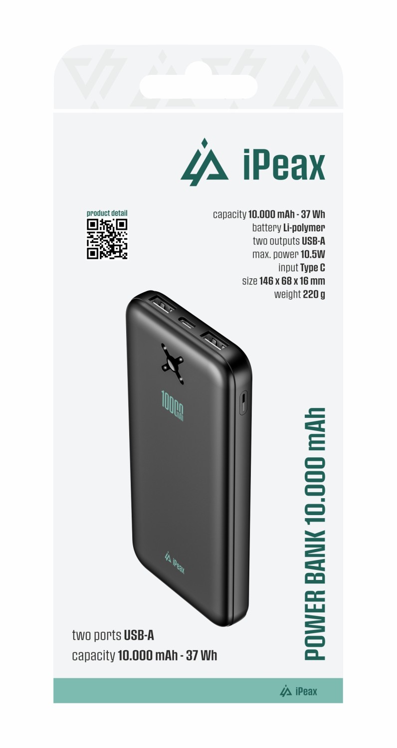 iPEAX powerbanka 10000 mAh, 10,5W, 2x USB-A černá