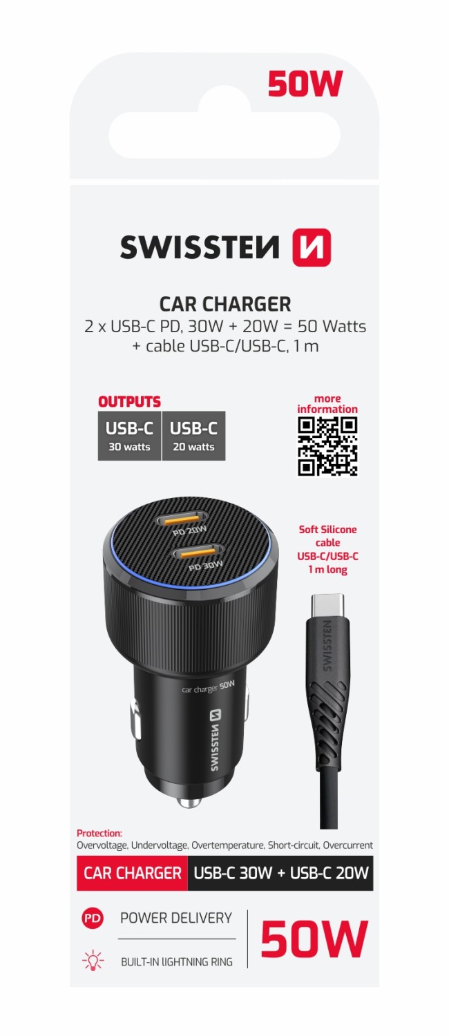 Swissten CL Adaptér 2x USB-C PD, 50W černá + USB-C / USB-C, 1m kabel