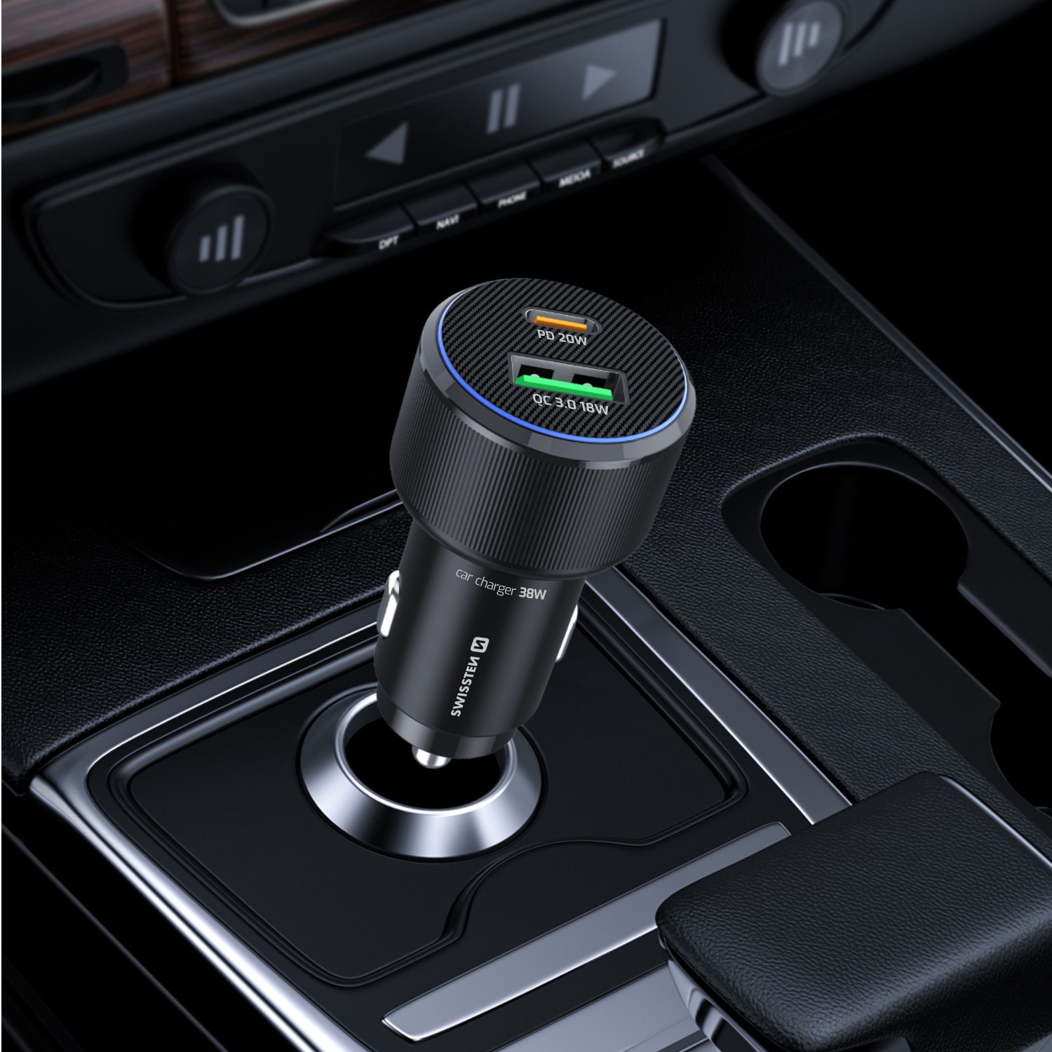 Swissten CL Adaptér USB-C PD + USB-A, 38W černá + kabel USB-C / USB-C 1m